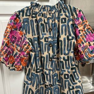 THML printed top with embroidered sleeves